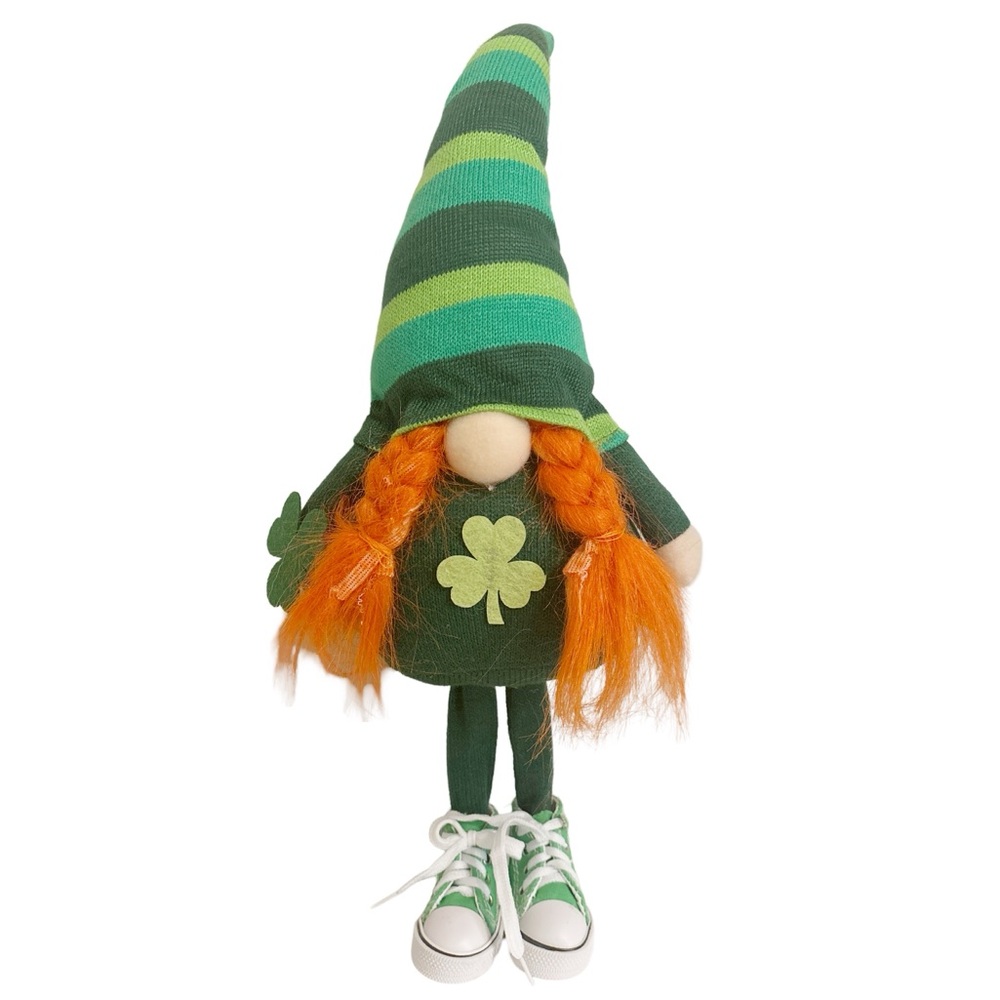 NWT Leprechaun Gnome Standing Holding Shamrock Green Sneakers Tabletop Decor 16”